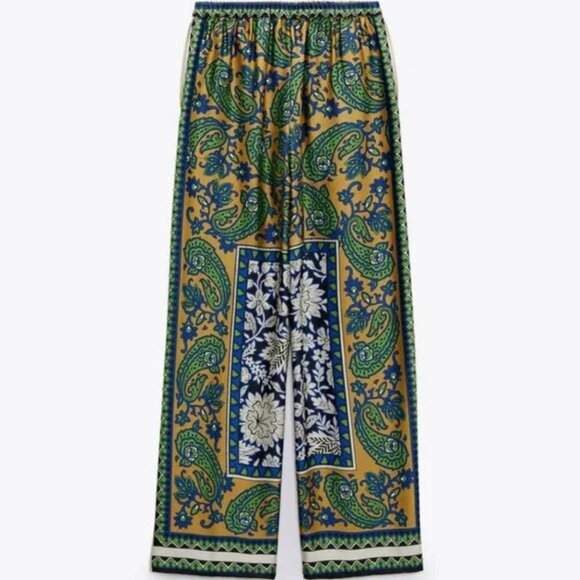 Zara Multicolor Green Blue Print Highwaisted Drawstring Pants Women’s Size M - Picture 14 of 15